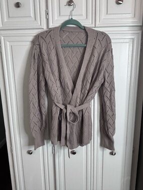 Grey Open Knit Wrap Cardigan with Tie Belt sz XL